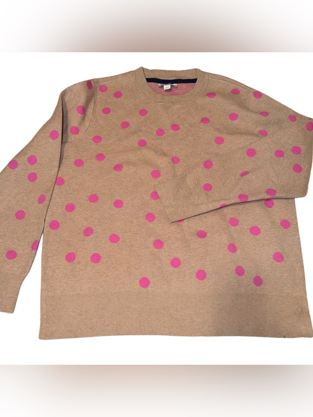 Women’s Camel Polka Dot Crewneck Sweater with Pink Accents